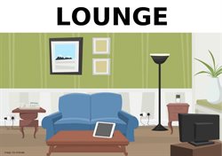 Picture if a lounge with a sofa, coffee table and lamp