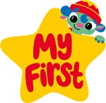 A star with the words "My First" in it and a little green character smiling.
