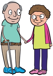 An older couple wearing slippers and holding hands.