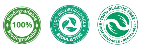 Biodegradable logos - all say "100% biodegradable" or "100% plastic free"