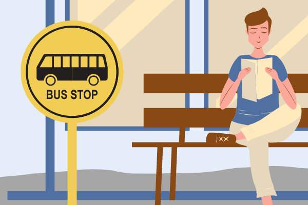 An illustration of a man reading a book at a bus stop.