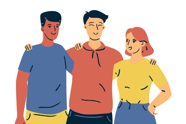 An illustration of three friends putting their hands on one another's shoulders