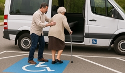 Man helps older woman onto minibus with disabled parking sign