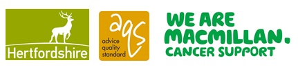 Logos for Herts County Council, MacMillan Cancer Support and Advice Quality Standard.