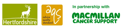 Logos for Herts County Council, MacMillan Cancer Support and Advice Quality Standard.