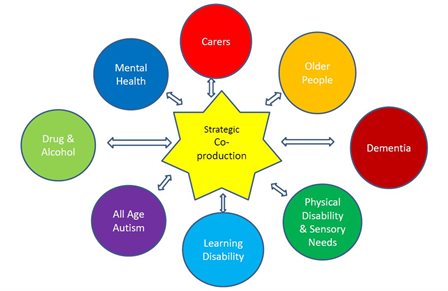 Strategic co production board for all: carers, older people, dementia, physical disability and sensory needs, learning disability, all age autism, drug and alcohol and mental health.