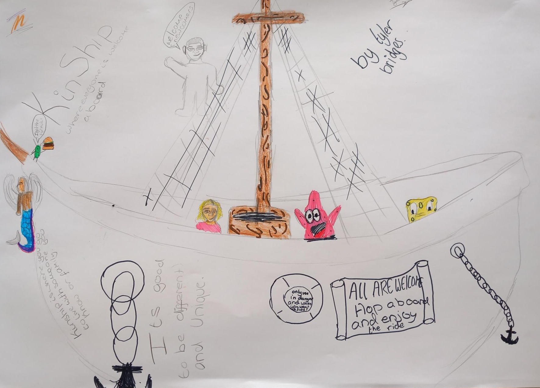 Childrens drawing of what kinship means, friends on a boat