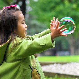 Young girl reaching for a bubble