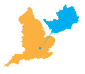 Hertfordshire pinpointed on a map of England