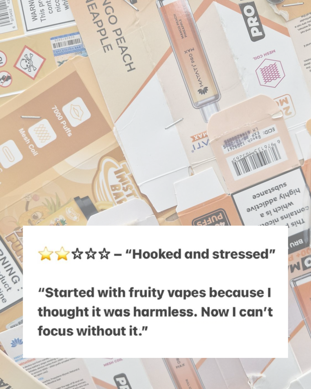 Hooked and stressed, started with fruity vapes because I thought it harmless. Now I can't focus without it.