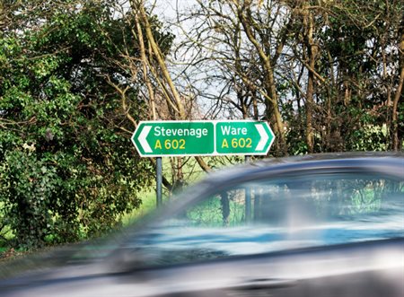 Road sign along the A602 between Stevenage and Ware.