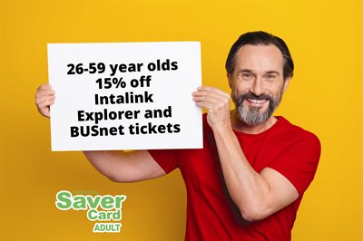 Man holding a sign saying "26-59 year olds 15% off Intalink Explorer and BUSnet tickets"