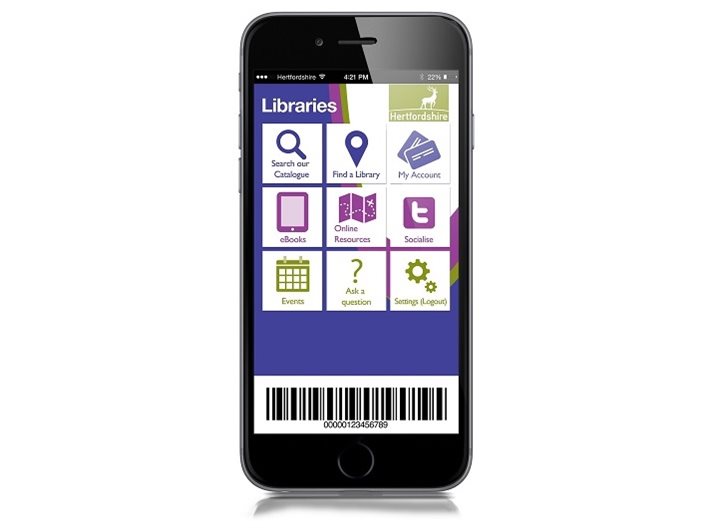 A mobile phone showing the Hertfordshire Libraries app