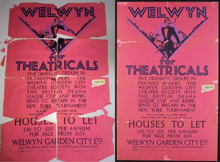 A before and after picture of a damaged poster that has been restored