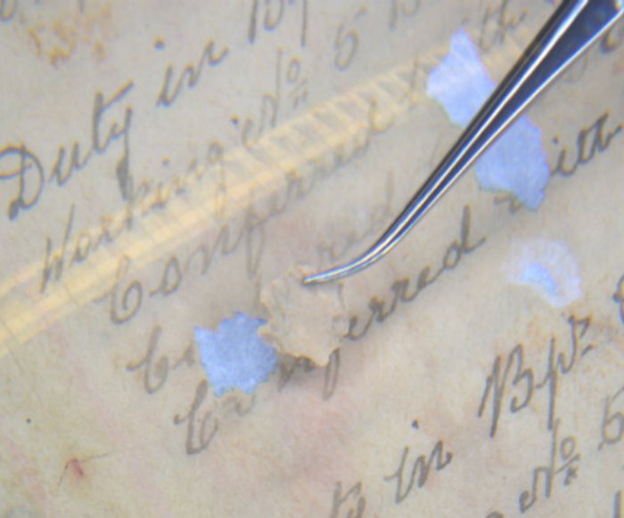 A pair of tweezers repairing an old document