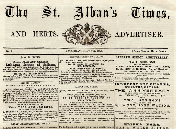 Front page of the St Albans Times from 1855.