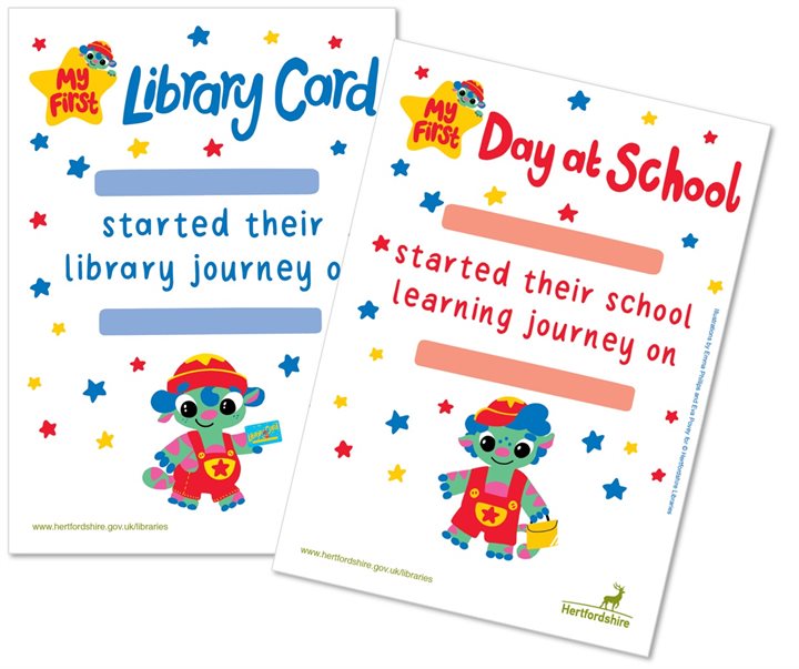 Library card certificates - My first library card and My first day at school