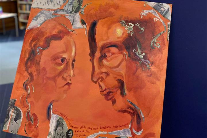A painting of 2 faces on a red background