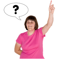 A woman raising her hand with a question mark in a speech bubble