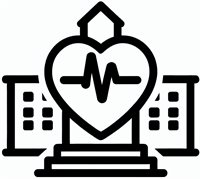 A simple icon depicting a school with a heartbeat inside the heart, simpler
