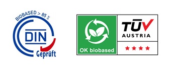 Bioplastics logos - all say "OK biobased" or "Biobased more than 85%"