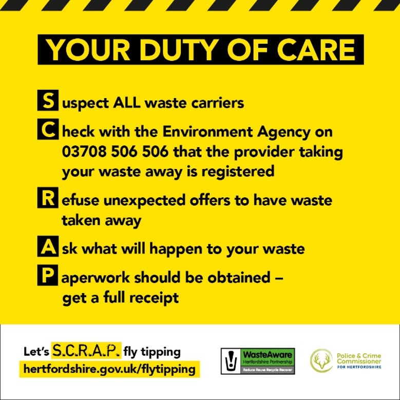 A yellow poster titled 'YOUR DUTY OF CARE' explaining the S.C.R.A.P. acronym to prevent fly-tipping in Hertfordshire.