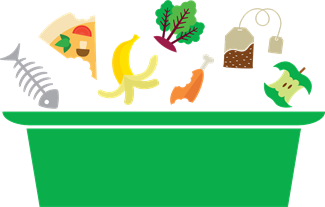 A cartoon of a food waste bin