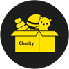 Image of a box of items to be donated to charity (yellow on a black background)