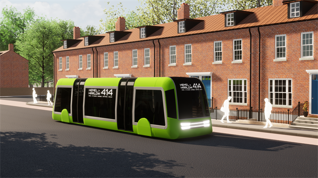 Computer generated image of a futuristic looking bus driving past some terraced houses