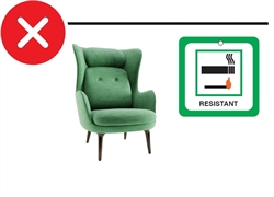 An armchair and a 'fire resistant' label