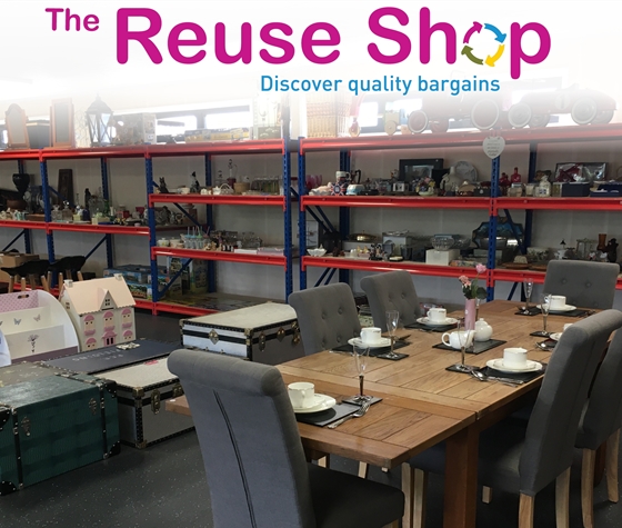 Interior of Ware Reuse Shop with logo: "The Reuse Shop - Discover quality bargains"