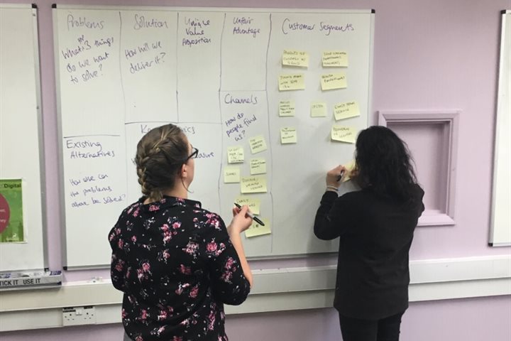 2 women writing on a whiteboard