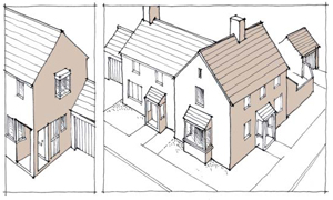Illustration showing windows wrapping around buildings