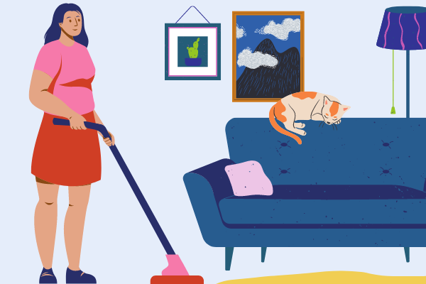 An illustration of a young lady hoovering her living room.