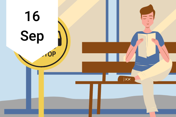 An illustration of a young man sitting at a bus stop. The image has been taken from the Travel and Transport page and is being used as the cover image for September's blog. The date "16 Sep" is printed on the illustration.