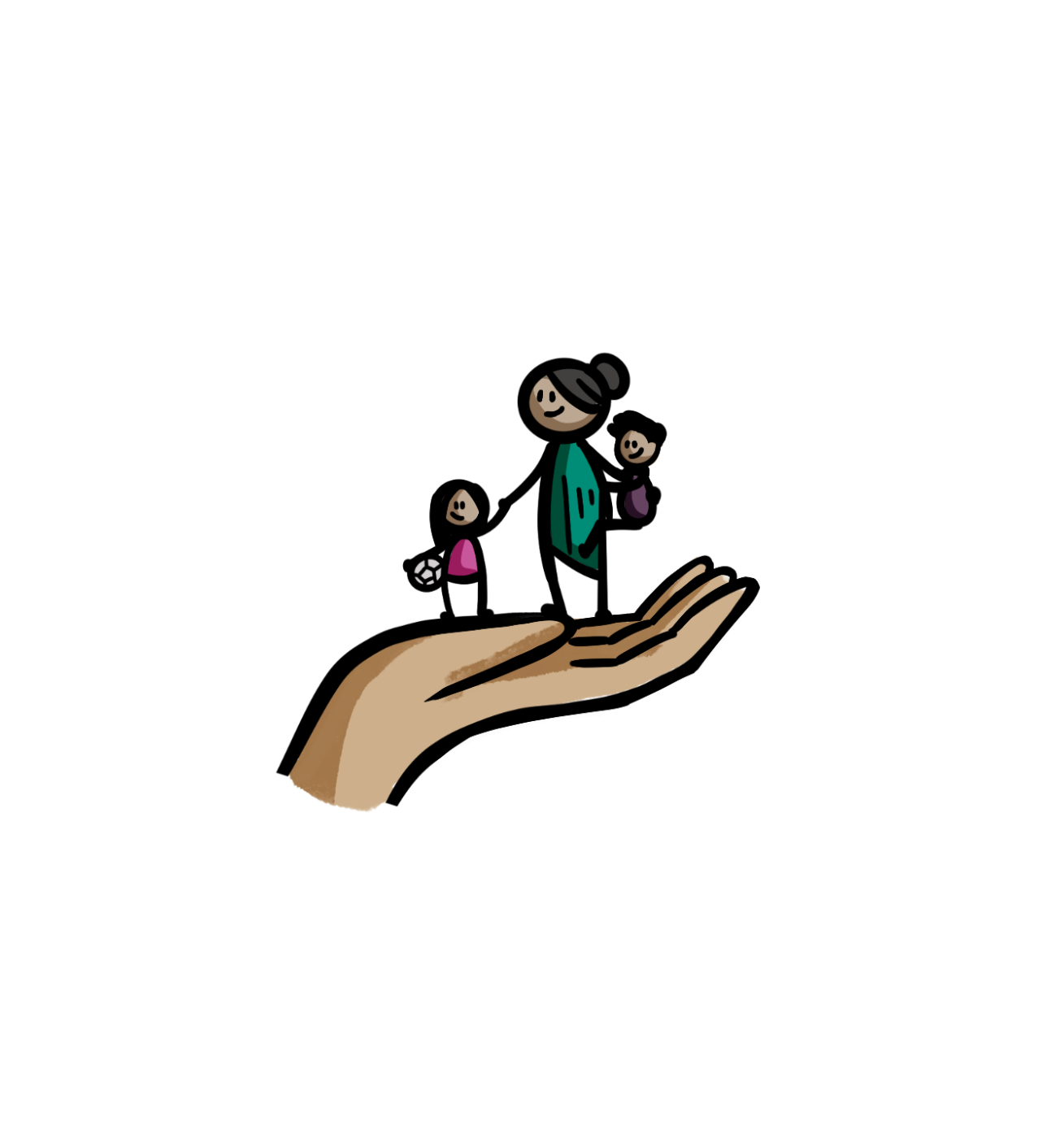 a hand holding a mum and child