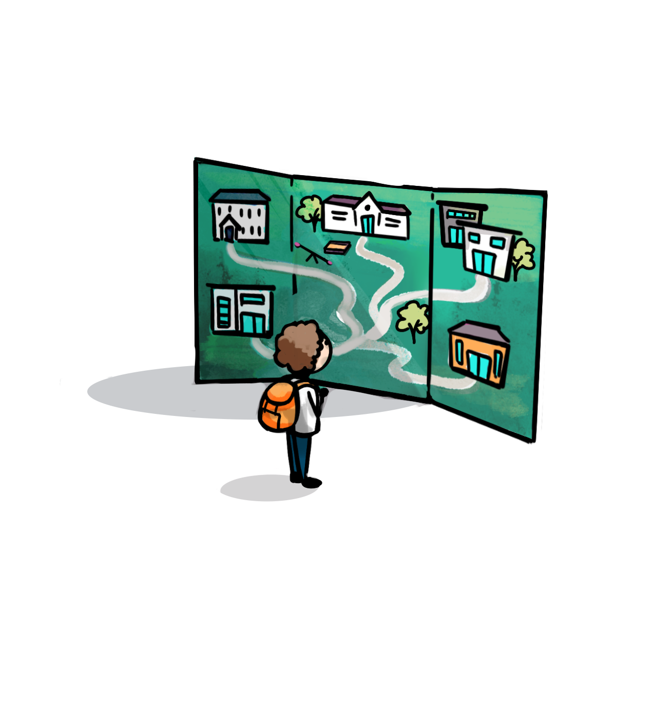 Young child looking at a board with different school options