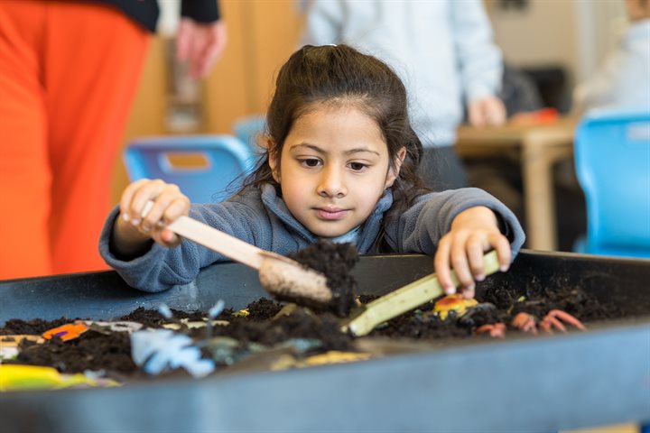 Little girl plays in with spades and soil